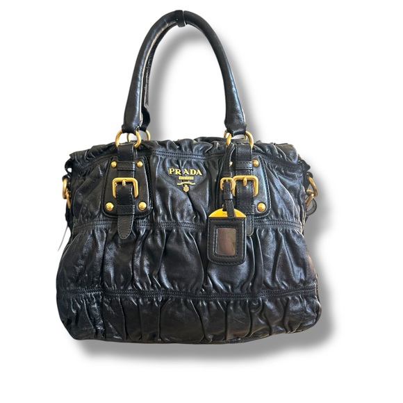 PRADA Ruched Gaufre Leather Top Handle Bag Crossbody Handbag Buttery Soft - Picture 3 of 17